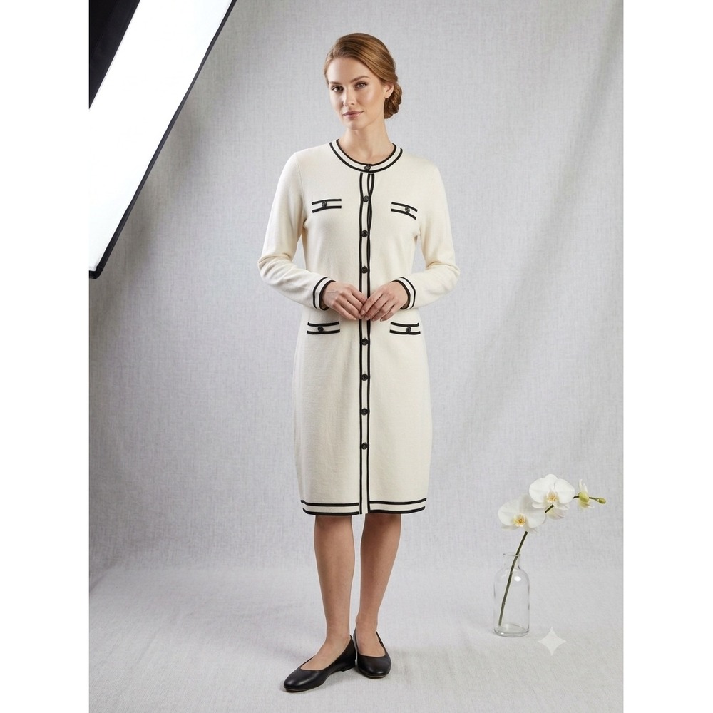 Karl Lagerfeld Paris Womens Cream Black Trim Knit Button Front Dress M L0RSS759